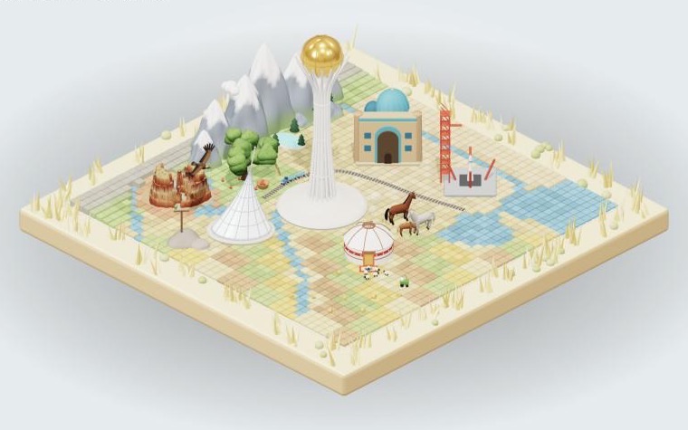 Isometric diorama of Kazakhstan: Bayterek Tower, snowy mountains, a mosque, a rocket, a yurt and horses on a tiled map