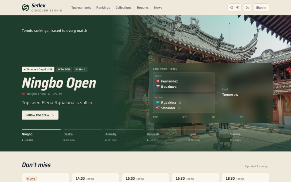 Setlex home page showing a live tennis tournament draw